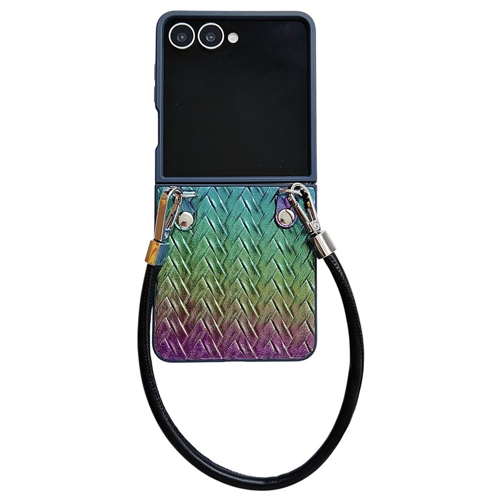 For Samsung Galaxy Z Flip7 5G Case Gradient Woven Texture Leather + PC Phone Cover with Wrist Strap