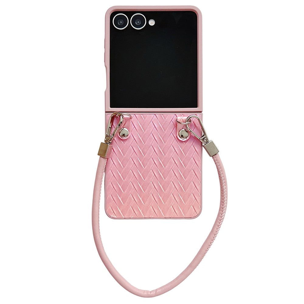 For Samsung Galaxy Z Flip7 5G Case Gradient Woven Texture Leather + PC Phone Cover with Wrist Strap