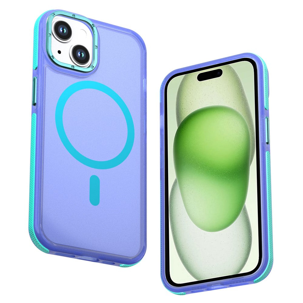 For iPhone 15 Magnetic Case Color Blocking PC + TPU Anti-Fingerprint Phone Cover