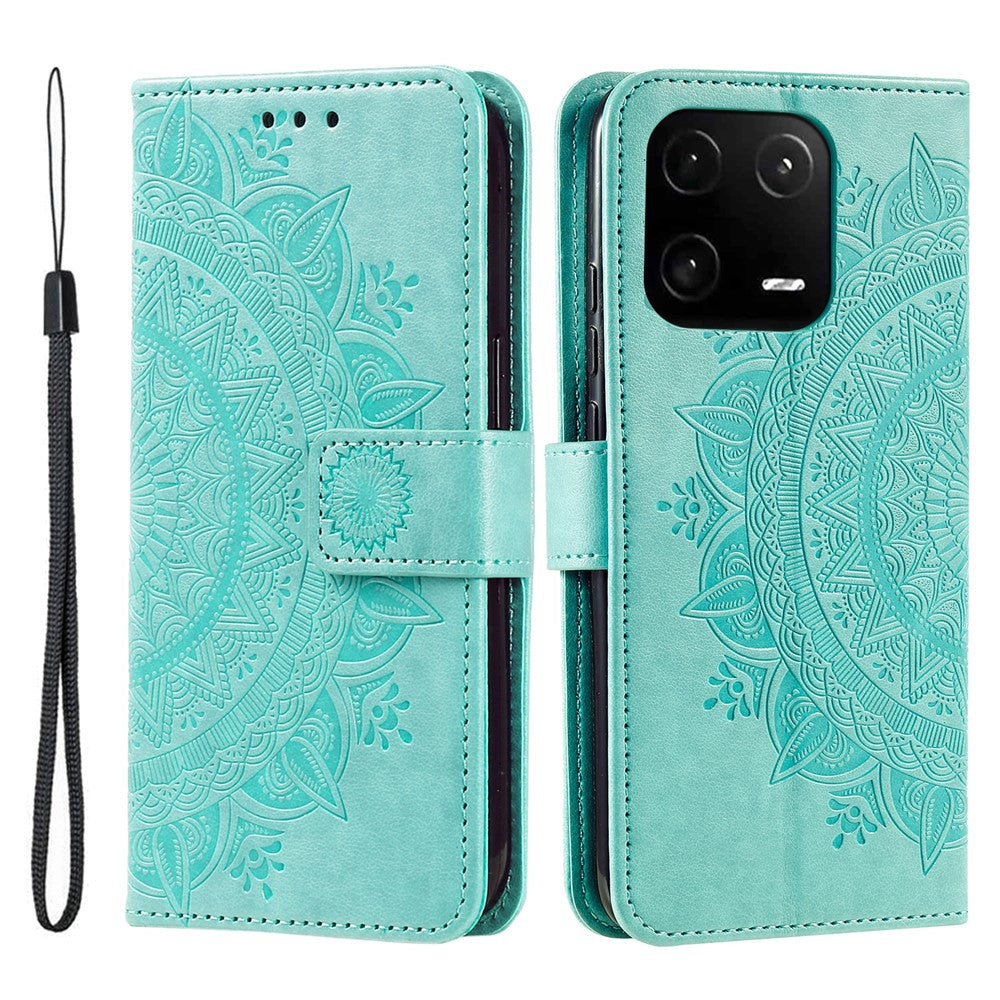 For Xiaomi 13 Pro 5G Imprinted Mandala Flower Phone Case Anti-drop Wallet Stand Cover with Strap