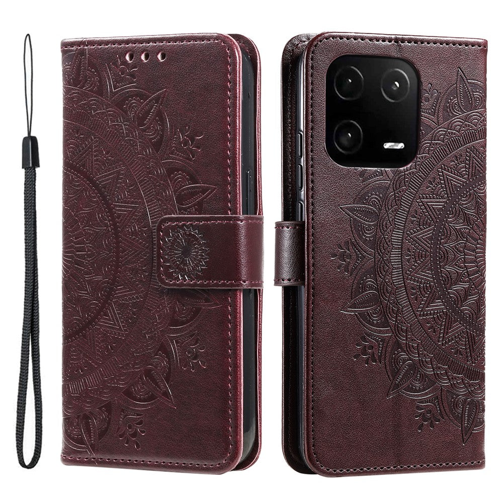 For Xiaomi 13 Pro 5G Imprinted Mandala Flower Phone Case Anti-drop Wallet Stand Cover with Strap