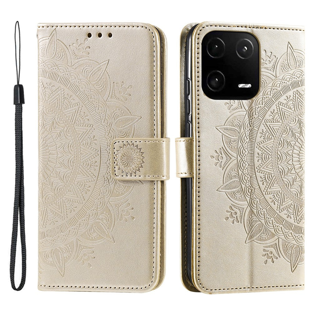 For Xiaomi 13 Pro 5G Imprinted Mandala Flower Phone Case Anti-drop Wallet Stand Cover with Strap
