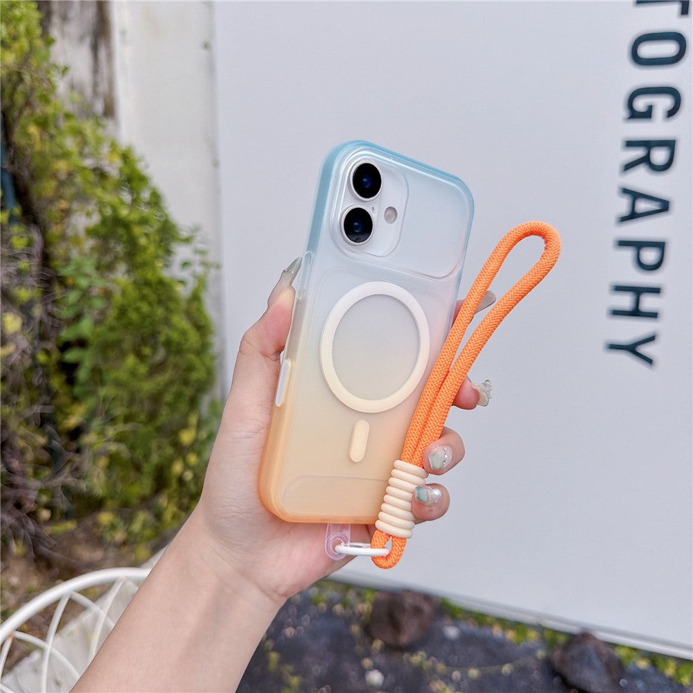 For iPhone 16 Magnetic Case with Hand Strap AI Touch Button Gradient Color TPU Phone Cover