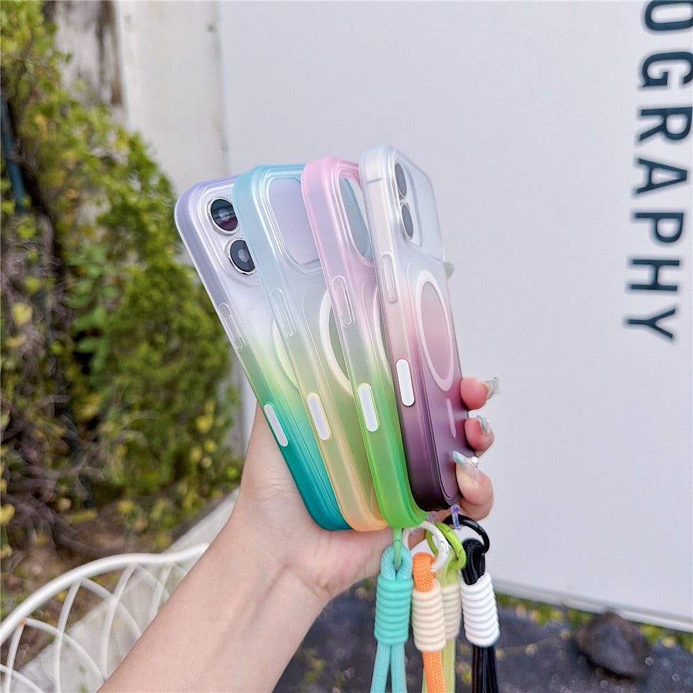 For iPhone 16 Magnetic Case with Hand Strap AI Touch Button Gradient Color TPU Phone Cover