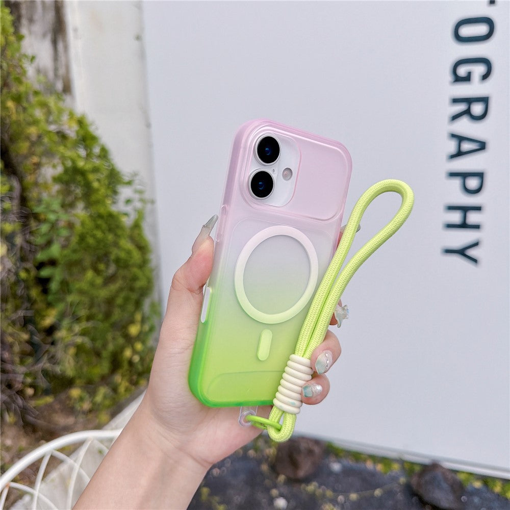For iPhone 16 Magnetic Case with Hand Strap AI Touch Button Gradient Color TPU Phone Cover