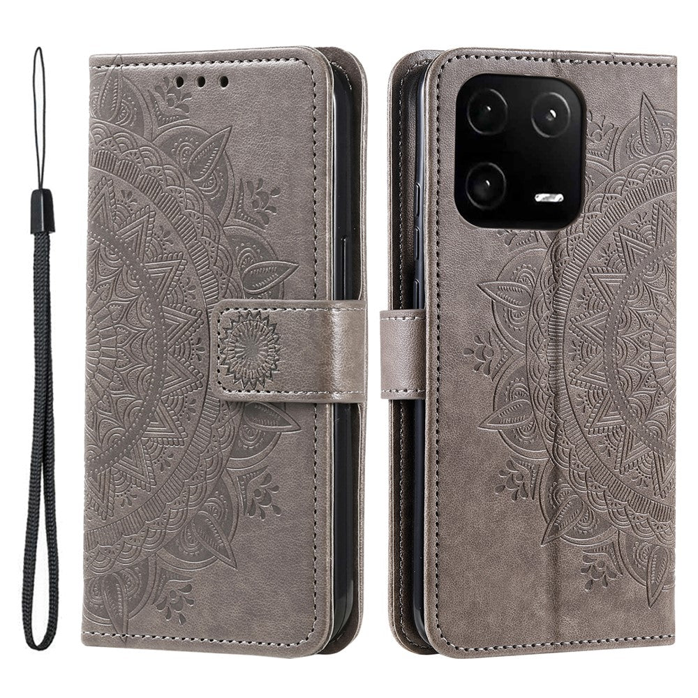 Xiaomi 13, Präglad Mandala Blomma PU Läderfodral, Stativ Plånbok Fullt Skyddande mobilfodral med Rem