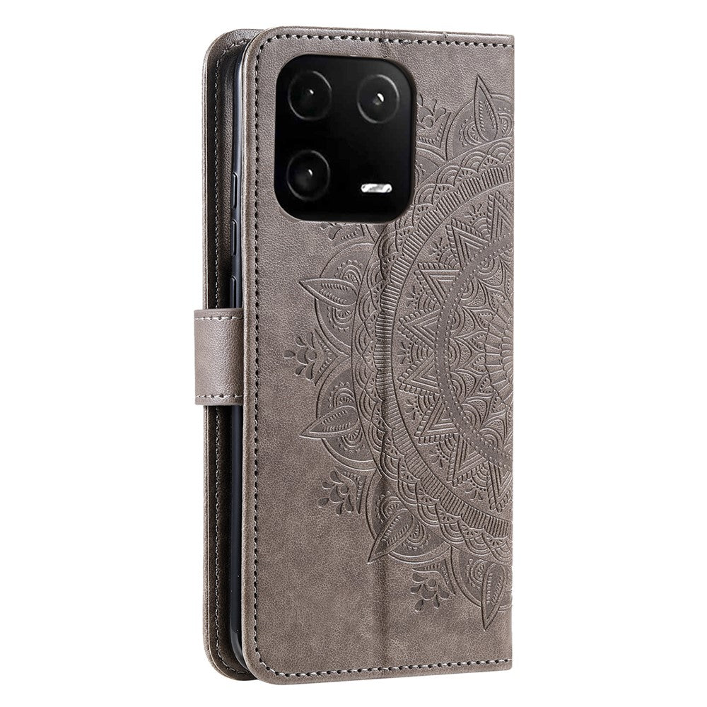 Xiaomi 13, Präglad Mandala Blomma PU Läderfodral, Stativ Plånbok Fullt Skyddande mobilfodral med Rem