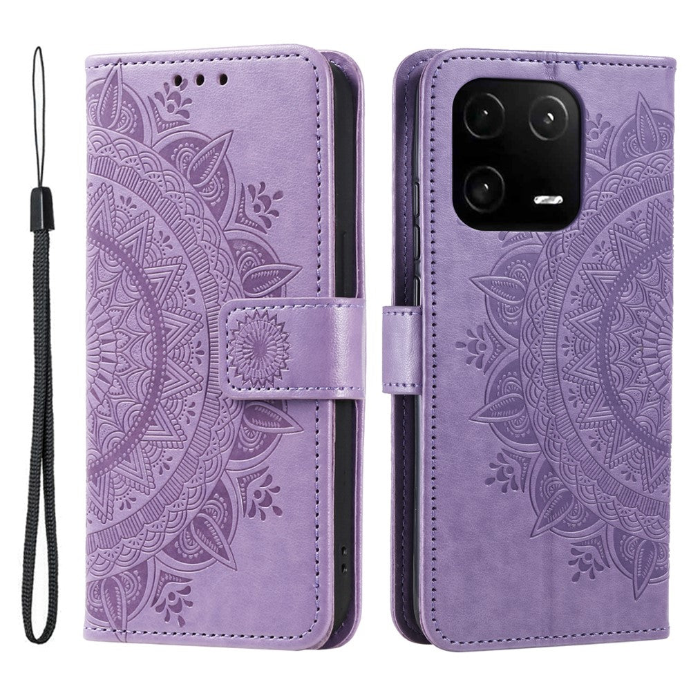 Xiaomi 13, Präglad Mandala Blomma PU Läderfodral, Stativ Plånbok Fullt Skyddande mobilfodral med Rem