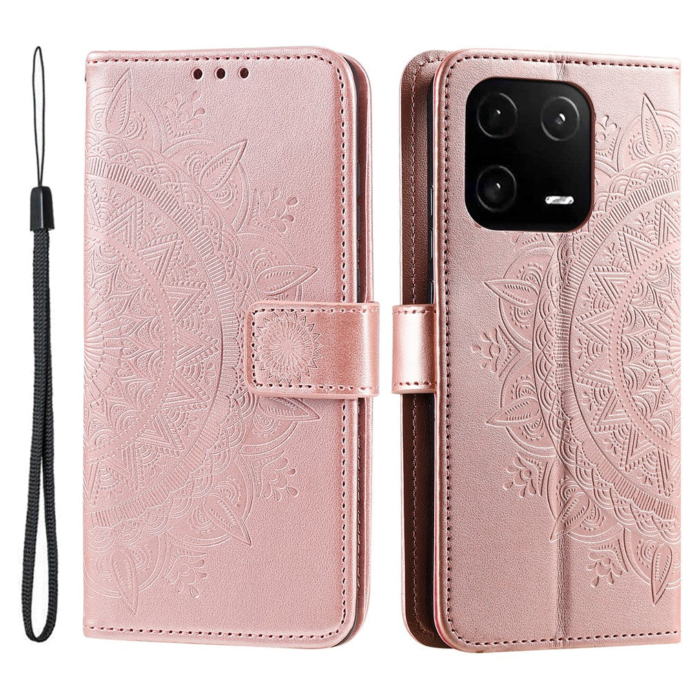 Xiaomi 13, Präglad Mandala Blomma PU Läderfodral, Stativ Plånbok Fullt Skyddande mobilfodral med Rem