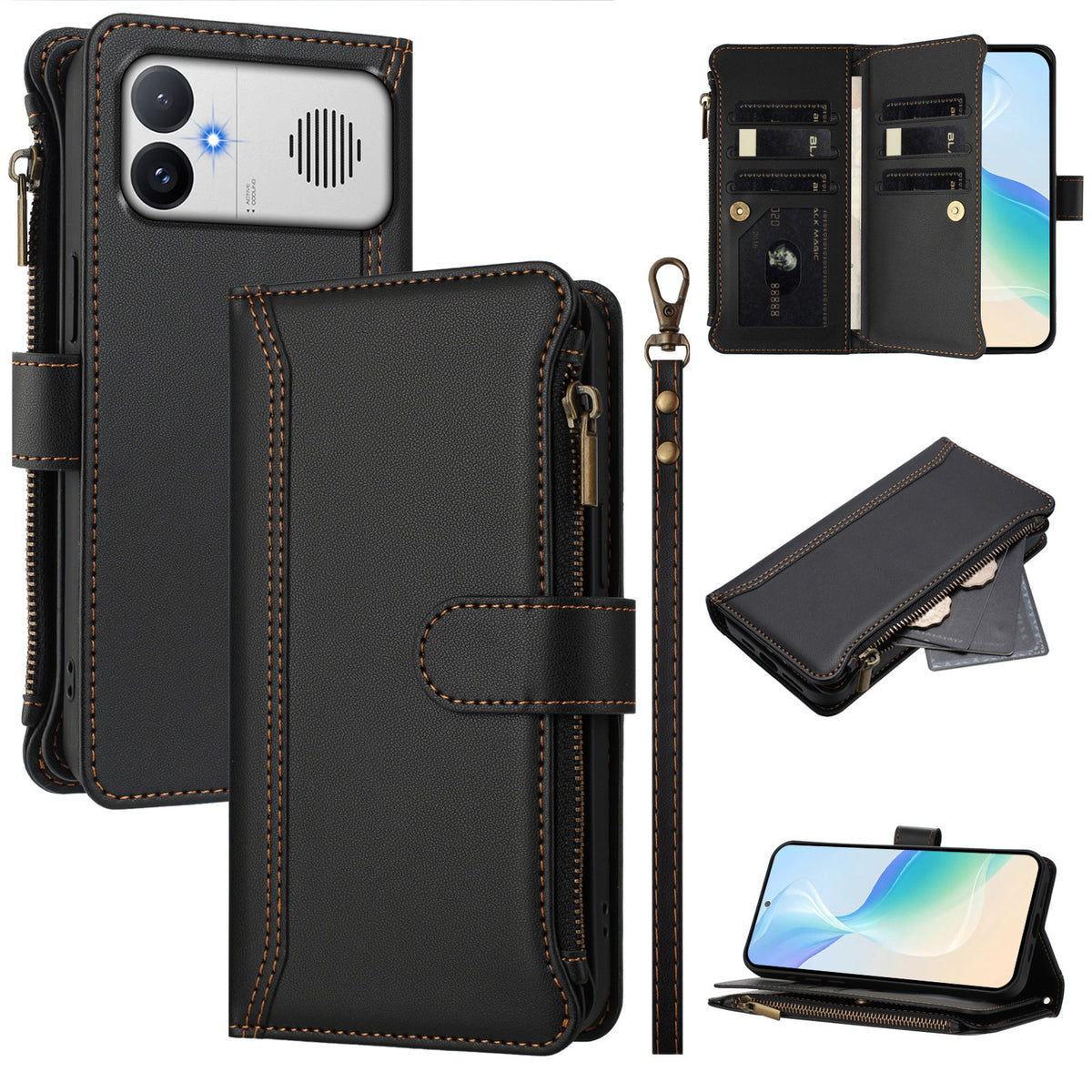 Läderfodral för Xiaomi Redmi K90 Max 5G, 9 kortfack, dragkedja, plånboksfodral med handledsrem