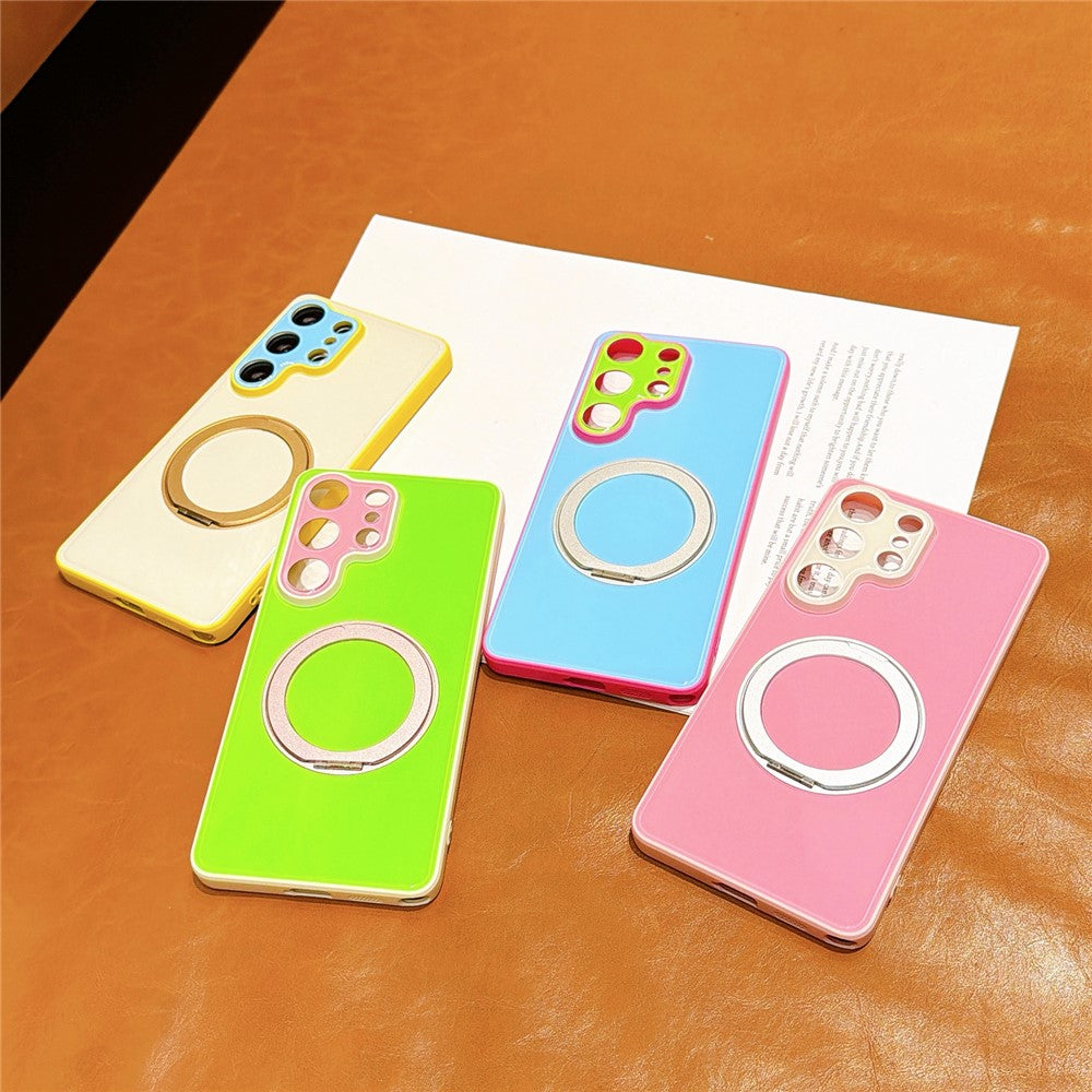 For Samsung Galaxy S24 Ultra Case Magnetic Rotating Kickstand Colorblock Design PC + TPU Phone Cover