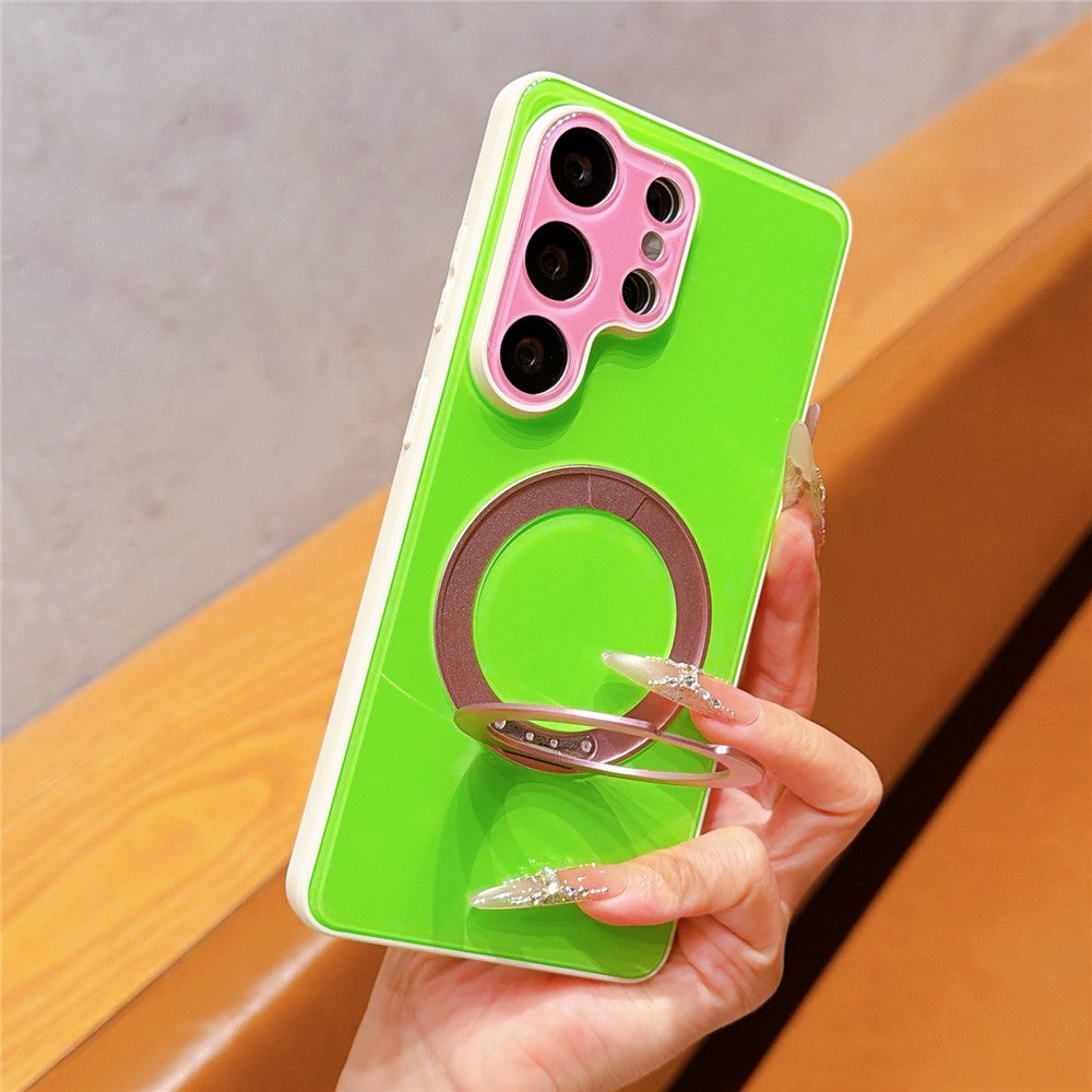 For Samsung Galaxy S24 Ultra Case Magnetic Rotating Kickstand Colorblock Design PC + TPU Phone Cover