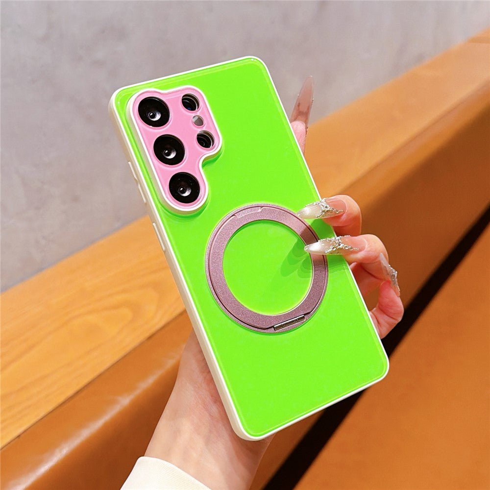 For Samsung Galaxy S24 Ultra Case Magnetic Rotating Kickstand Colorblock Design PC + TPU Phone Cover