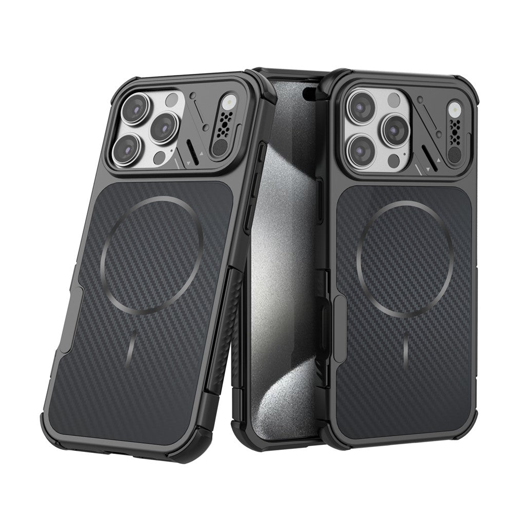 Til iPhone 16 Pro Magnetisk Etui Kulfiber Tekstur PC + TPU Hjørnebeskyttelse Telefoncover