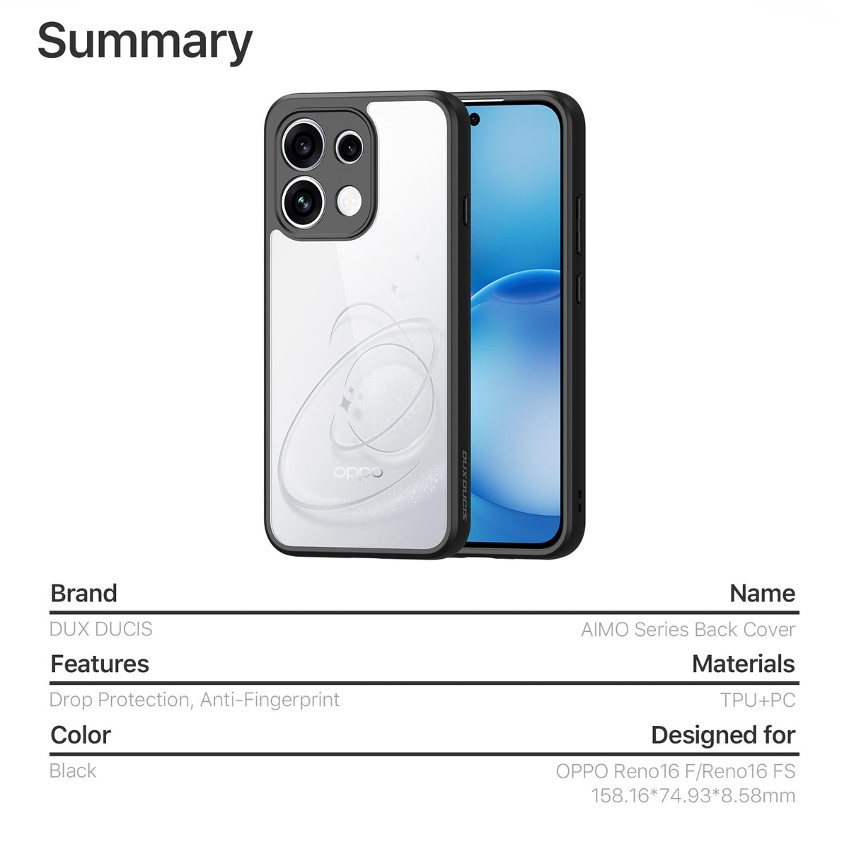 DUX DUCIS för Oppo Reno16 FS 5G / Reno16 F 5G / Reno16c 5G Aimo-serien PC + TPU genomskinligt bakstycke för mobil (REACH-certifiering)