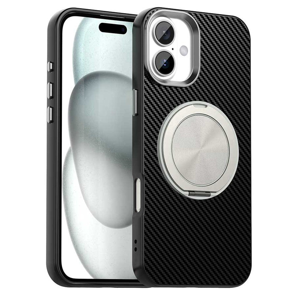 For iPhone 16 Case Rotating Magnetic Kickstand Carbon Fiber Texture TPU + PET + PC Phone Cover