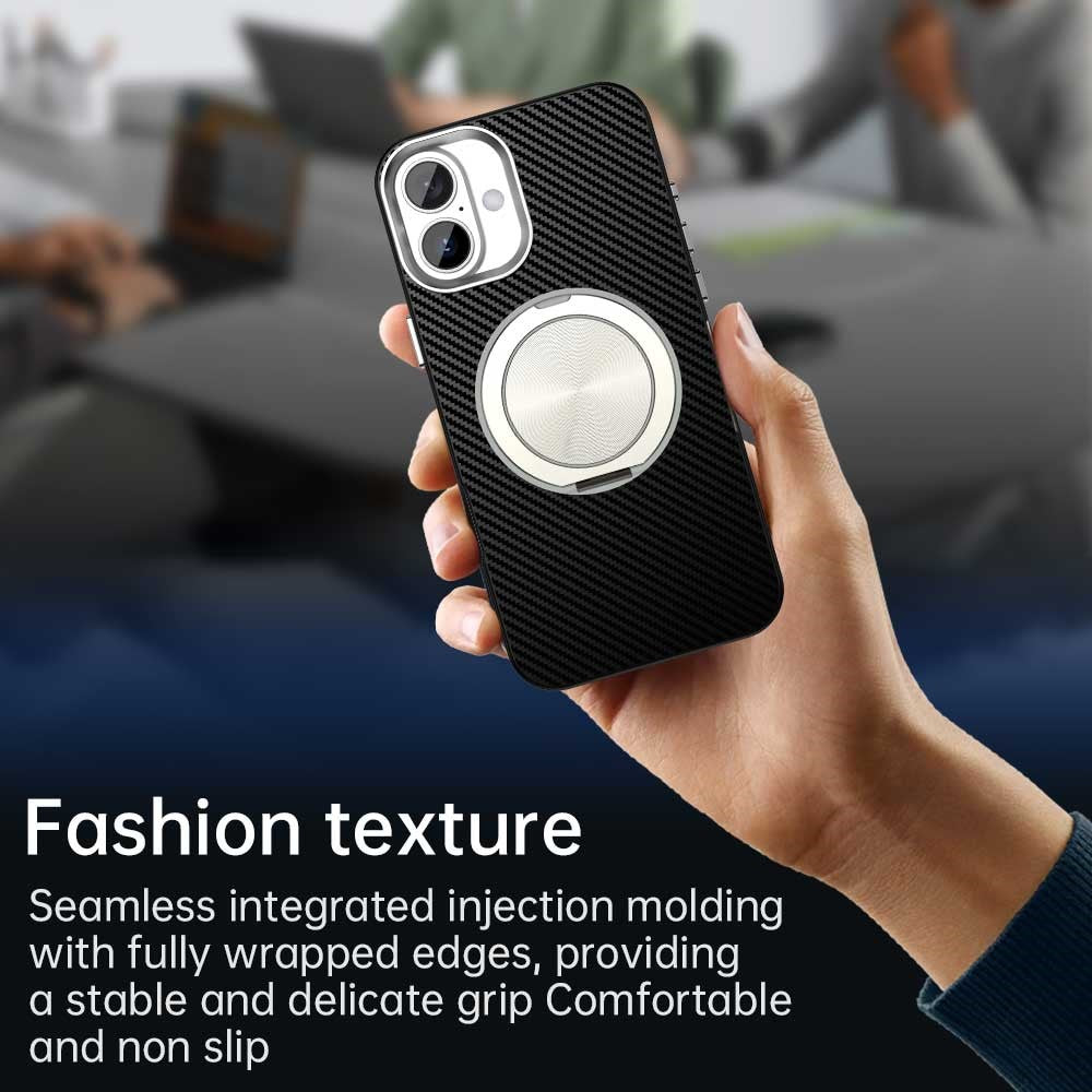 For iPhone 16 Case Rotating Magnetic Kickstand Carbon Fiber Texture TPU + PET + PC Phone Cover