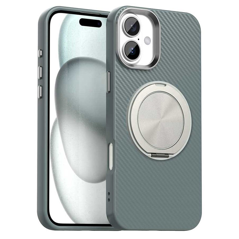 For iPhone 16 Case Rotating Magnetic Kickstand Carbon Fiber Texture TPU + PET + PC Phone Cover