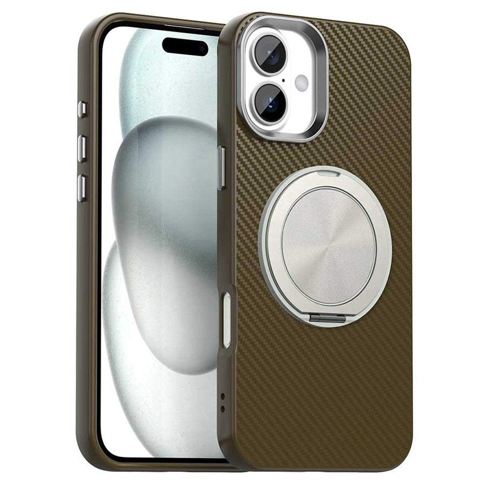For iPhone 16 Case Rotating Magnetic Kickstand Carbon Fiber Texture TPU + PET + PC Phone Cover