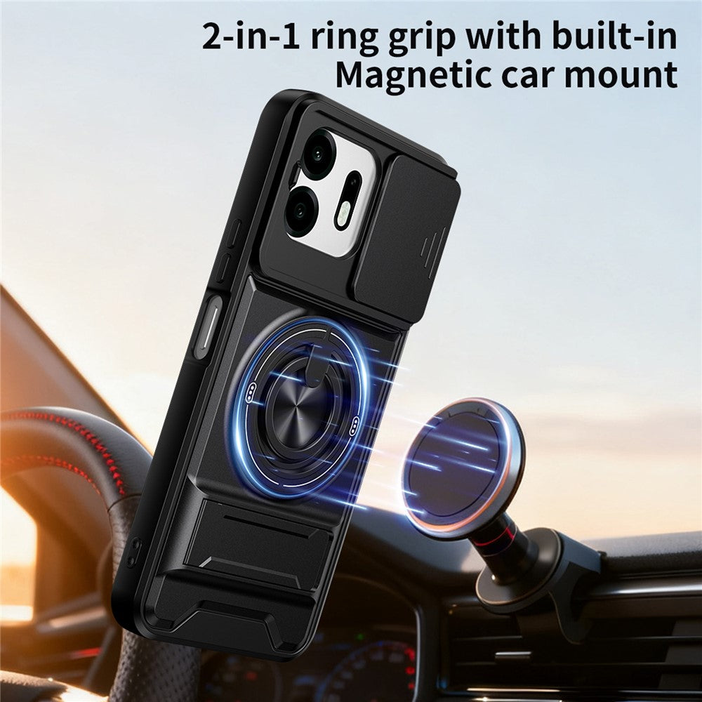 For OnePlus N6 4G Magnetic Case Ring Holder Foldable Kickstand TPU PC Phone Cover with Camera Lens Slider