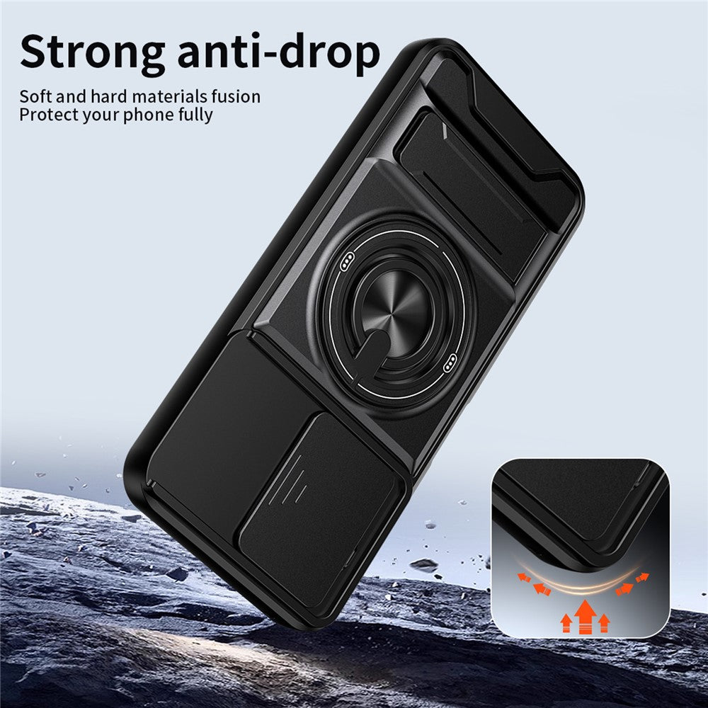 For OnePlus N6 4G Magnetic Case Ring Holder Foldable Kickstand TPU PC Phone Cover with Camera Lens Slider