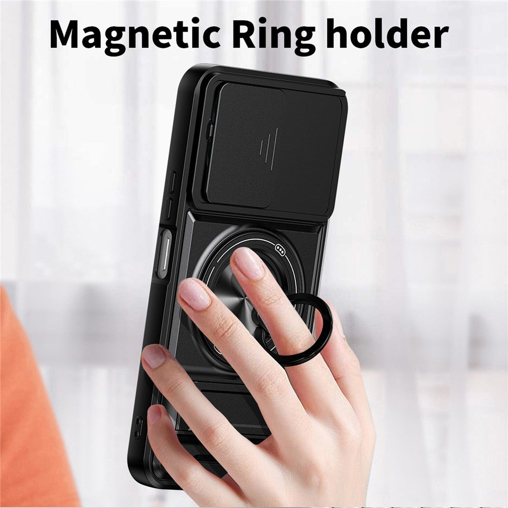 For OnePlus N6 4G Magnetic Case Ring Holder Foldable Kickstand TPU PC Phone Cover with Camera Lens Slider