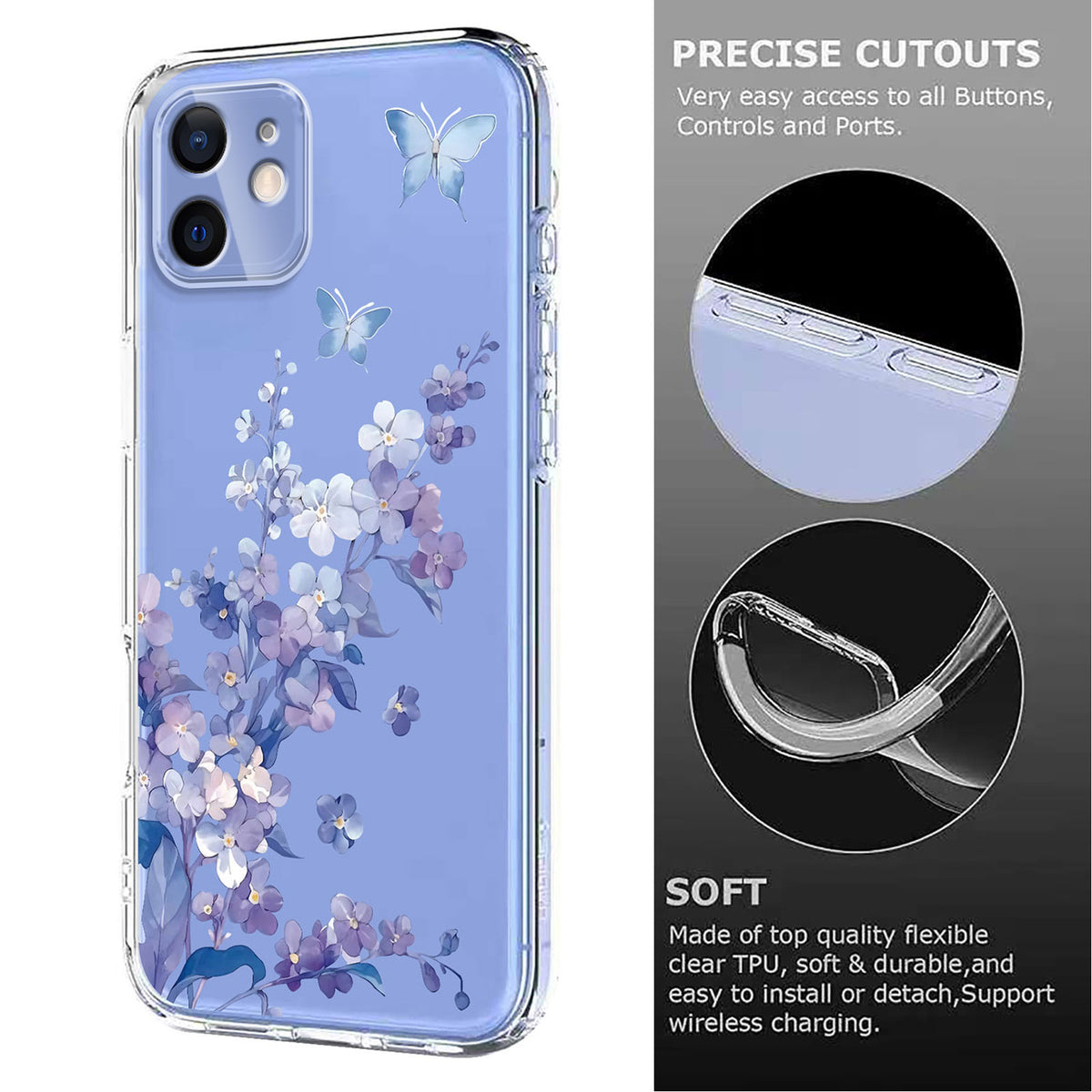 For iPhone 13 mini Case Butterfly Floral Pattern Printing TPU Phone Back Cover