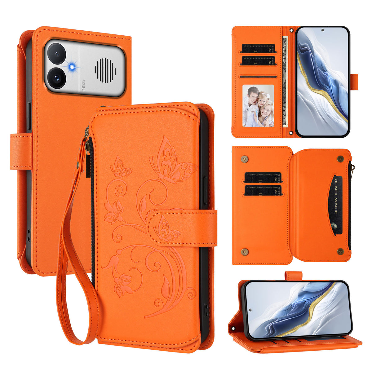 Läderfodral för Xiaomi Redmi K90 Max 5G, fjärilsmönster, dragkedja, plånboksfodral med handledsrem