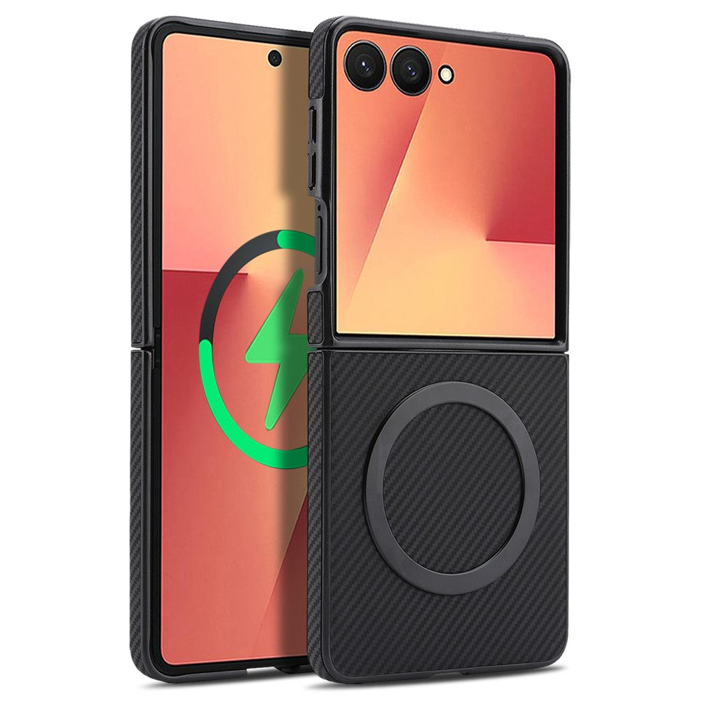 For Samsung Galaxy Z Flip7 5G Case Side-pasted Carbon Fiber Texture PU TPU Phone Cover With Metal Magnetic Ring