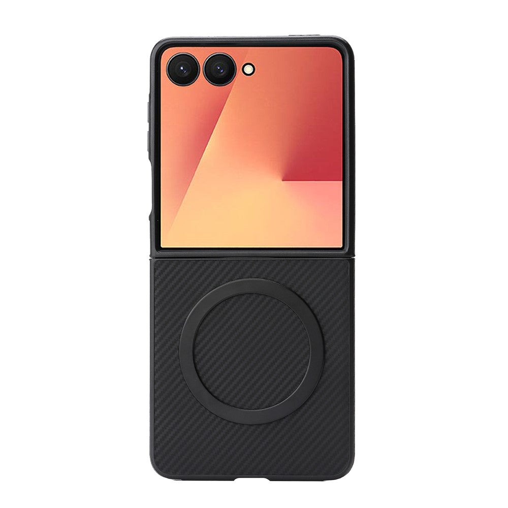 For Samsung Galaxy Z Flip7 5G Case Side-pasted Carbon Fiber Texture PU TPU Phone Cover With Metal Magnetic Ring
