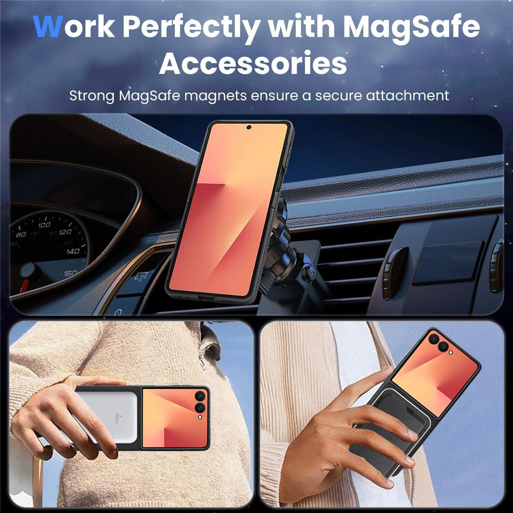 For Samsung Galaxy Z Flip7 5G Case Side-pasted Carbon Fiber Texture PU TPU Phone Cover With Metal Magnetic Ring