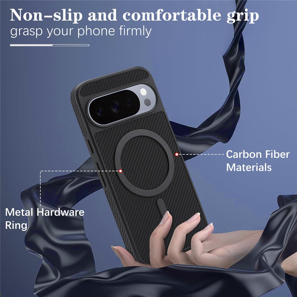 For Google Pixel 11 Pro Case Side-pasted Carbon Fiber Texture PU TPU Phone Cover With Metal Magnetic Ring