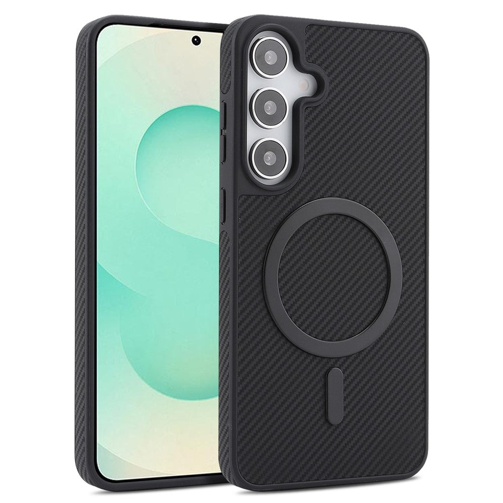 For Samsung Galaxy S25+ Case Side-pasted Carbon Fiber Texture PU TPU Phone Cover With Metal Magnetic Ring