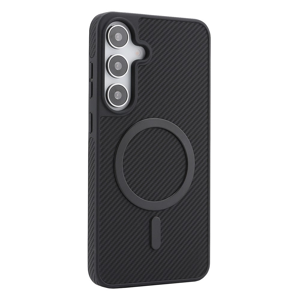 Samsung Galaxy S25+ skal Sidoklistrad kolfiberstruktur PU TPU mobilskal med magnetisk metallring