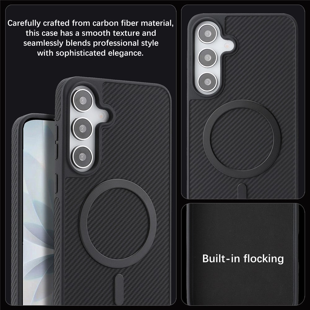 Samsung Galaxy S25+ skal Sidoklistrad kolfiberstruktur PU TPU mobilskal med magnetisk metallring