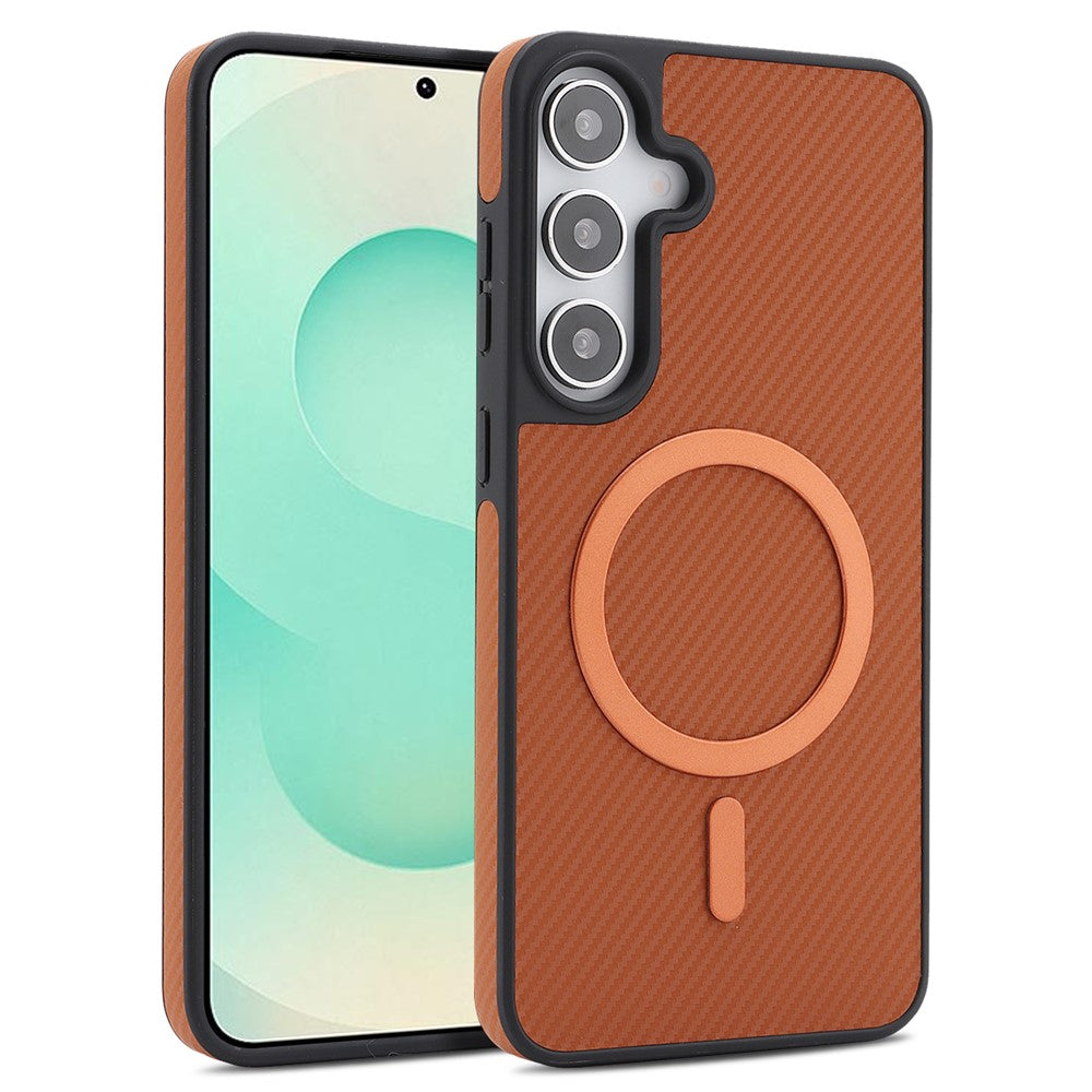 Samsung Galaxy S25+ skal Sidoklistrad kolfiberstruktur PU TPU mobilskal med magnetisk metallring