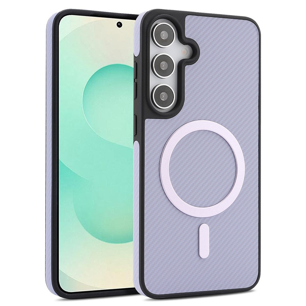 Samsung Galaxy S25+ skal Sidoklistrad kolfiberstruktur PU TPU mobilskal med magnetisk metallring