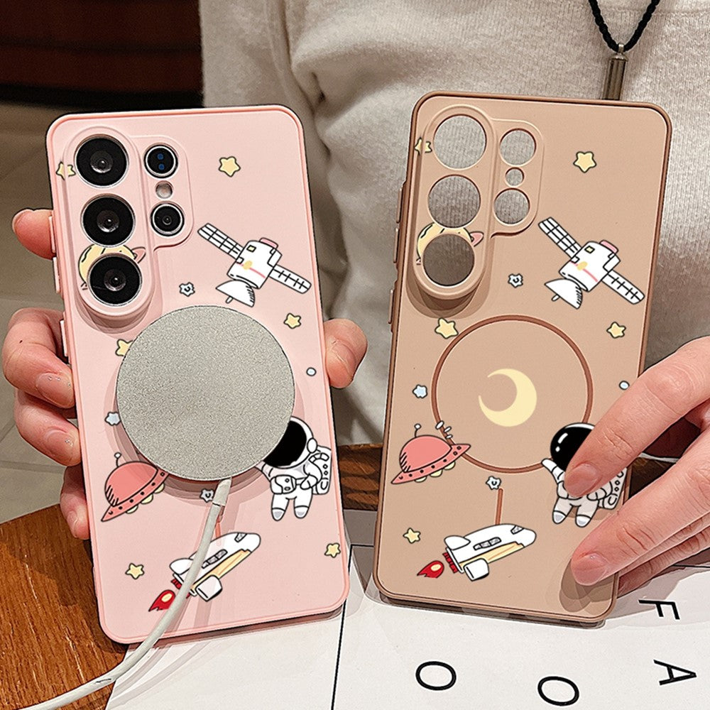 For Samsung Galaxy S25 Ultra Magnetic Case Cartoon Astronaut Design TPU Anti-Slip Impact Resistant Phone Cover