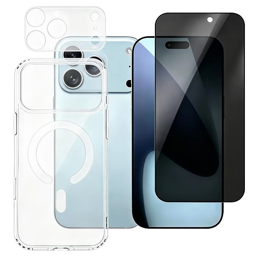 iPhone 18 Pro Max magnetiskt skal TPU + PC-mobilskydd med 180° antispionfilm + genomskinlig linsfilm