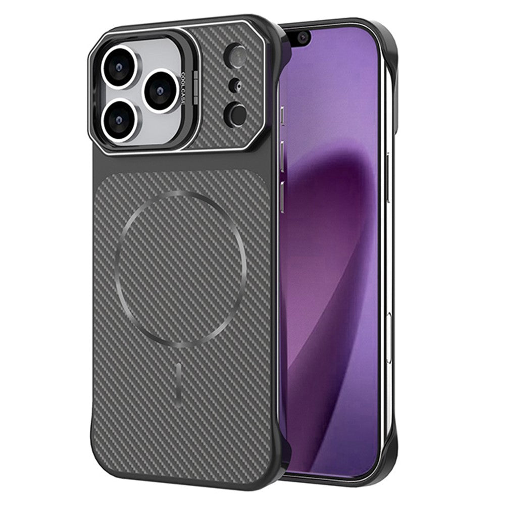 For iPhone 18 Pro / 17 Pro Magnetic Case with Lens Frame Kickstand Carbon Fiber Texture Hard PC Half-Wrapped Phone Cover