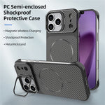 For iPhone 18 Pro / 17 Pro Magnetic Case with Lens Frame Kickstand Carbon Fiber Texture Hard PC Half-Wrapped Phone Cover