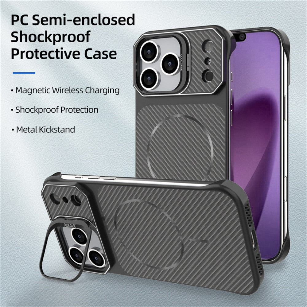 For iPhone 18 Pro / 17 Pro Magnetic Case with Lens Frame Kickstand Carbon Fiber Texture Hard PC Half-Wrapped Phone Cover