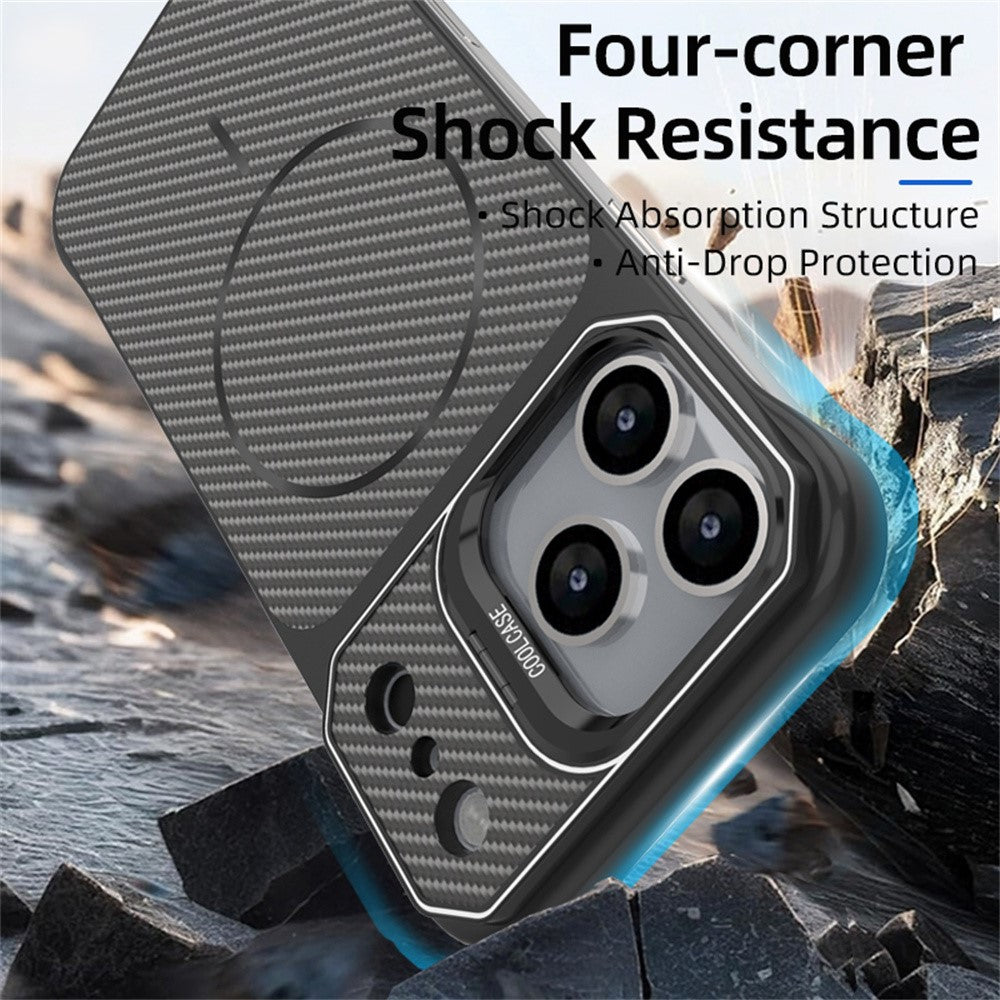 For iPhone 18 Pro / 17 Pro Magnetic Case with Lens Frame Kickstand Carbon Fiber Texture Hard PC Half-Wrapped Phone Cover