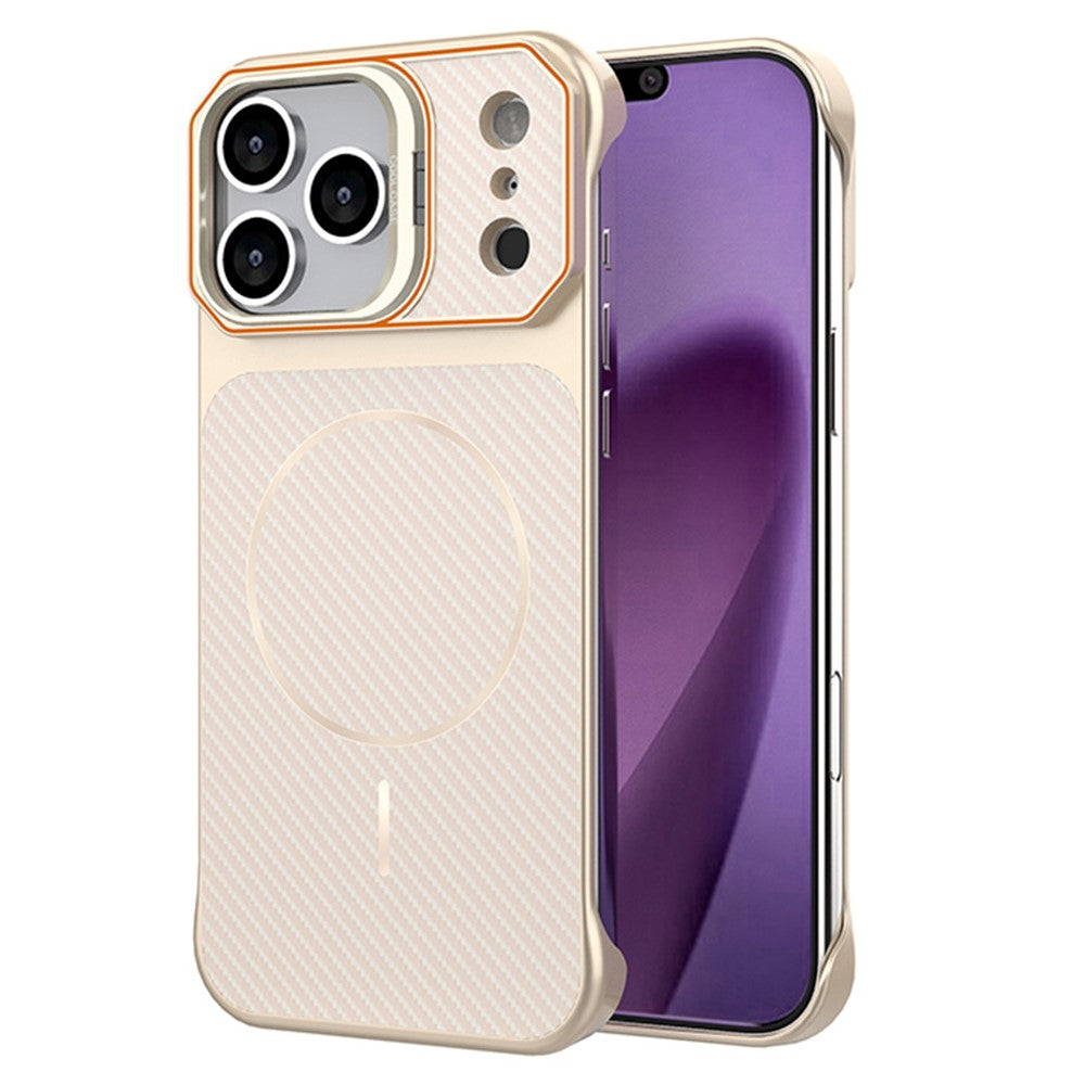 For iPhone 18 Pro / 17 Pro Magnetic Case with Lens Frame Kickstand Carbon Fiber Texture Hard PC Half-Wrapped Phone Cover