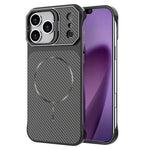 For iPhone 18 Pro Max / 17 Pro Max Magnetic Case with Lens Frame Kickstand Carbon Fiber Texture Hard PC Half-Wrapped Phone Cover