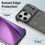 For iPhone 18 Pro Max / 17 Pro Max Magnetic Case with Lens Frame Kickstand Carbon Fiber Texture Hard PC Half-Wrapped Phone Cover