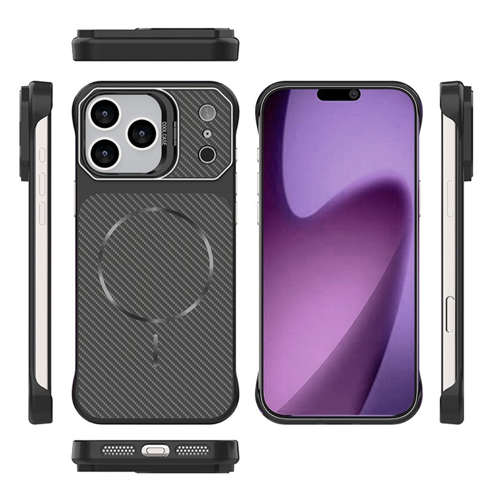 For iPhone 18 Pro Max / 17 Pro Max Magnetic Case with Lens Frame Kickstand Carbon Fiber Texture Hard PC Half-Wrapped Phone Cover