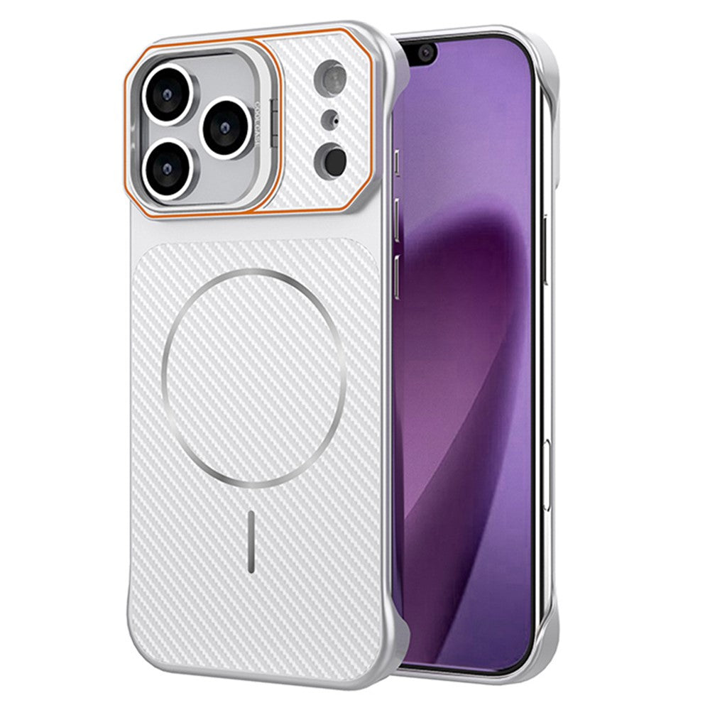 For iPhone 18 Pro Max / 17 Pro Max Magnetic Case with Lens Frame Kickstand Carbon Fiber Texture Hard PC Half-Wrapped Phone Cover