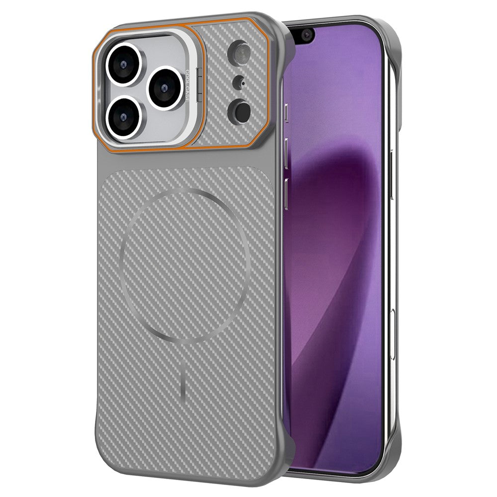 For iPhone 18 Pro Max / 17 Pro Max Magnetic Case with Lens Frame Kickstand Carbon Fiber Texture Hard PC Half-Wrapped Phone Cover
