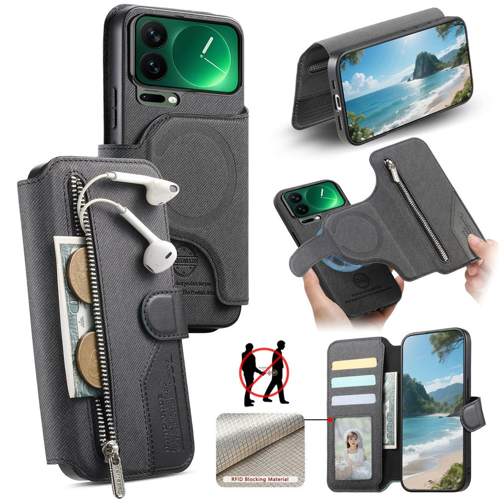 For Xiaomi 17 Pro Max Magnetic Case RFID Blocking Detachable Wallet Stand Cloth Texture Leather Phone Cover